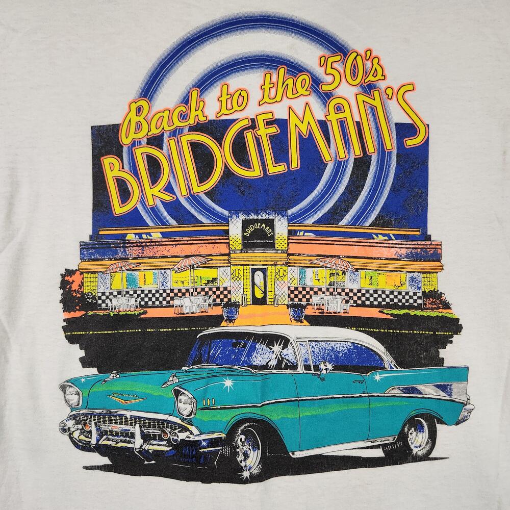 Back To The 50s Bridgemans Shirt Mens Large White Classic Car Diner Graphic USA